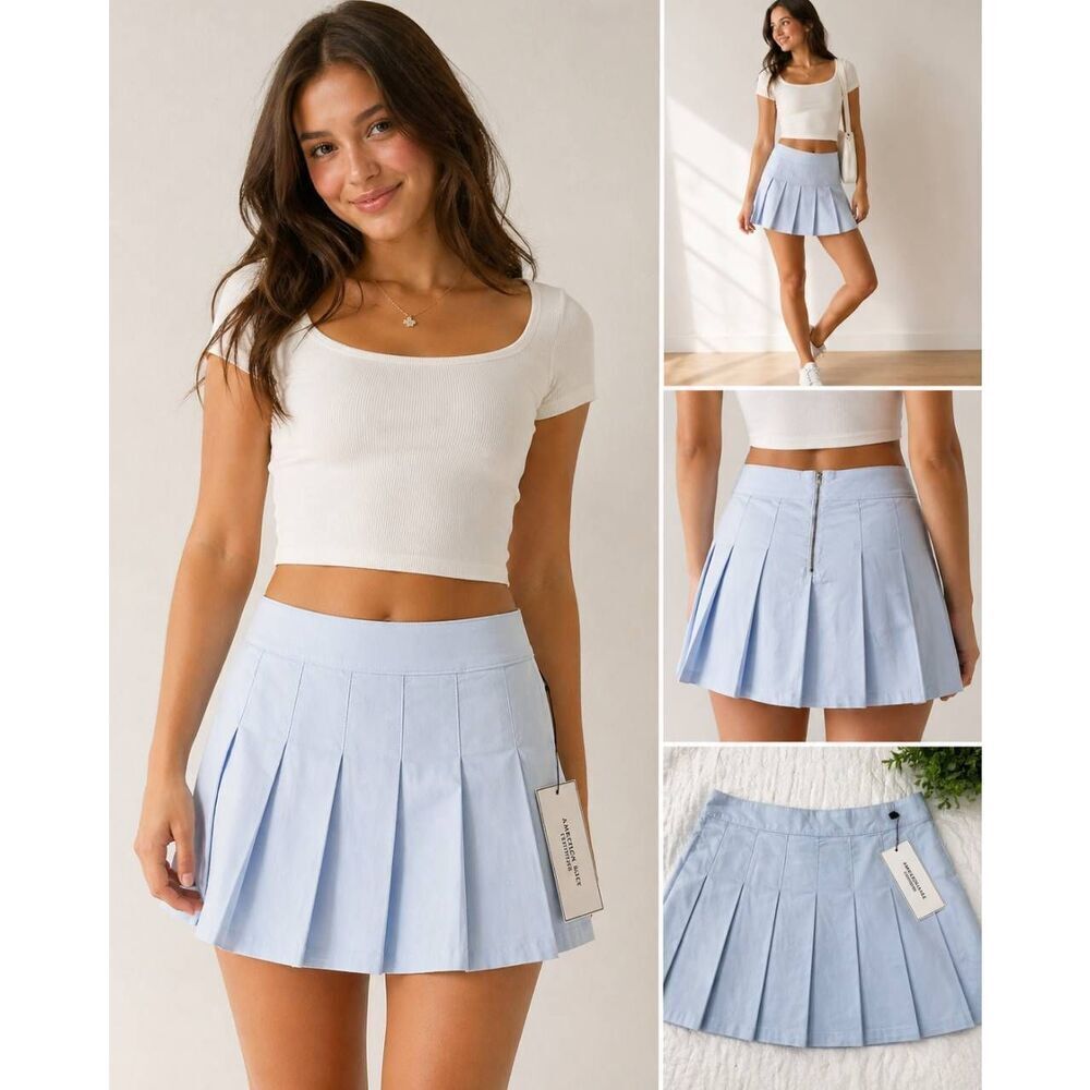 American Eagle Pleated Mini Skirt Light Blue Size 4 NWT Preppy A-Line